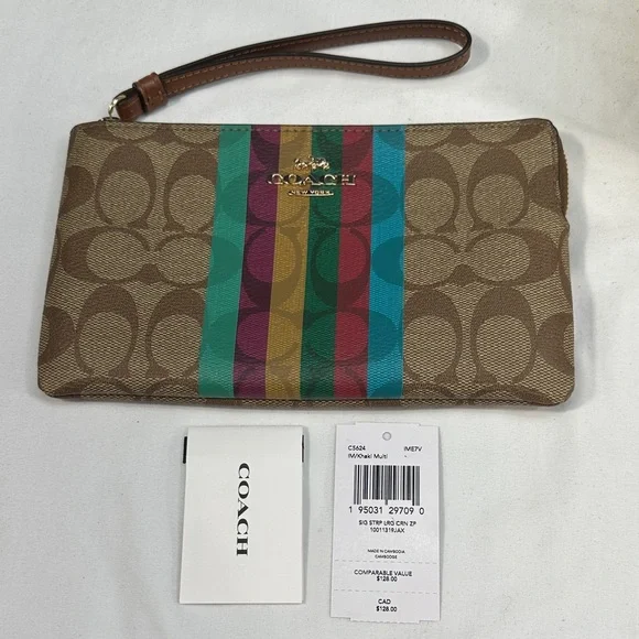 Nwt Coach Signature Large Corner Zip Stripe Wristlet Wallet Canvas Bag monogram - Picture 1 of 7